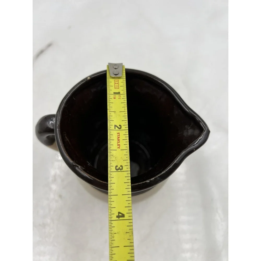 Vintage Stoneware Pitcher Brown Tan Glazed Two Tone Farmhouse Creamer 4.75in